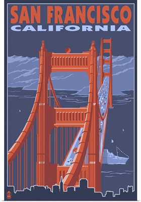 San Francisco, California - Golden Gate Bridge: Retro Travel Poster