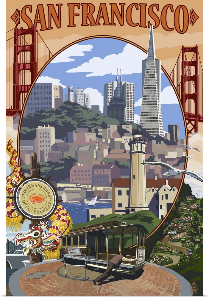 San Francisco, California Scenes: Retro Travel Poster