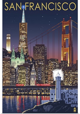 San Francisco, California Skyline at Night: Retro Travel Poster