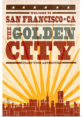 San Francisco, California, Skyline, Sunburst Screenprint Style