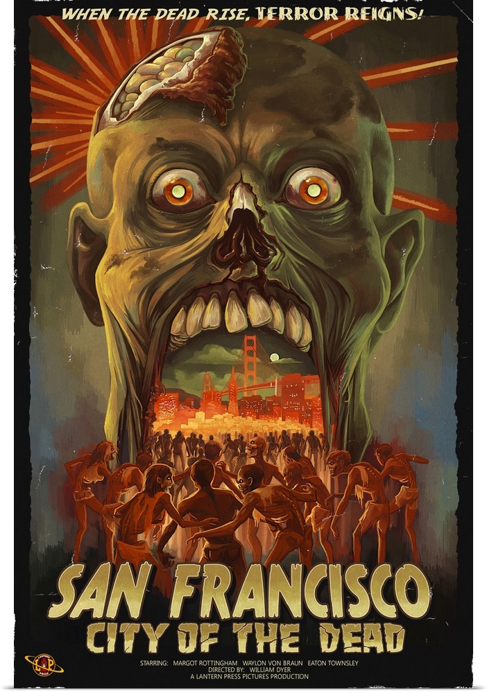 Retro stylized art poster of a zombie head opening its mouth, to reveal a city being being mobbed by zombies.