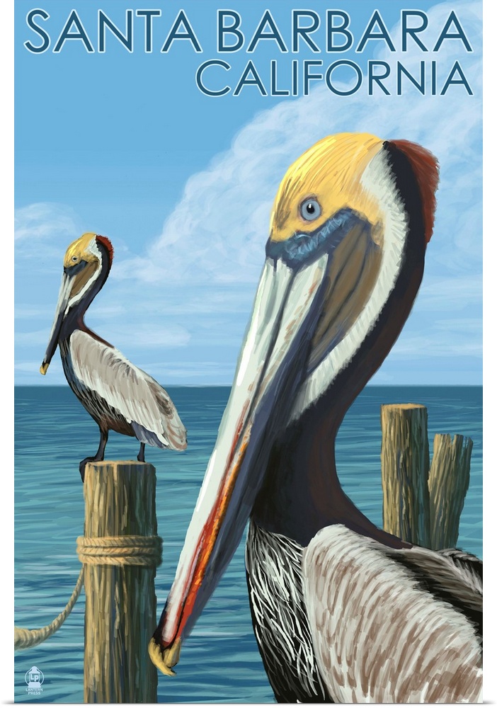Retro stylized art poster of two pelicans on wooden posts.