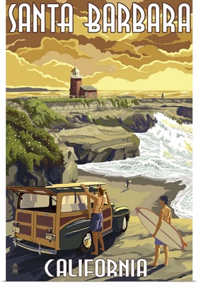 Santa Barbara, California - Woody and Lighthouse: Retro Travel Poster