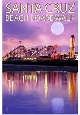 Santa Cruz, California - Beach Boardwalk and Moon at Twilight: Retro Travel Poster