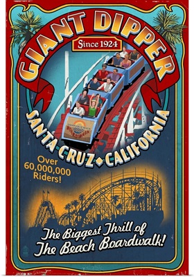 Santa Cruz, California - Giant Dipper Roller Coaster Vintage Sign: Retro Travel Poster