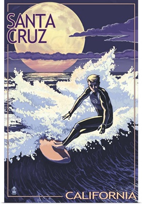 Santa Cruz, California - Night Surfer: Retro Travel Poster
