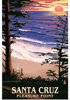 Santa Cruz, California - Pleasure Point Sunset and Surfers: Retro Travel Poster