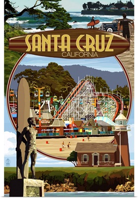 Santa Cruz, California - Scenes Montage: Retro Travel Poster