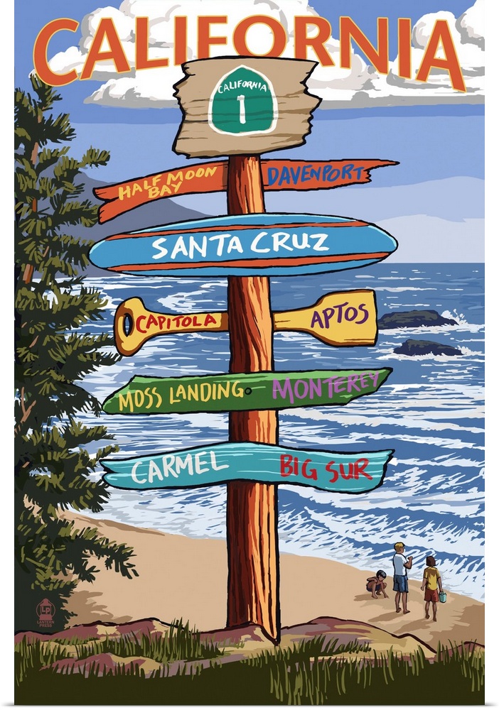 Santa Cruz, California - Signpost Destinations: Retro Travel Poster