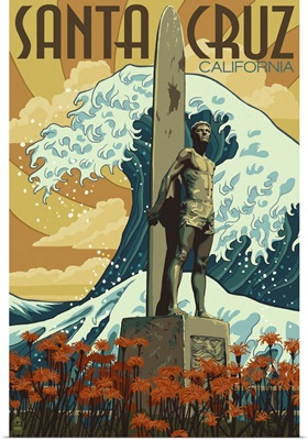 Santa Cruz, California - Surfer Statue: Retro Travel Poster