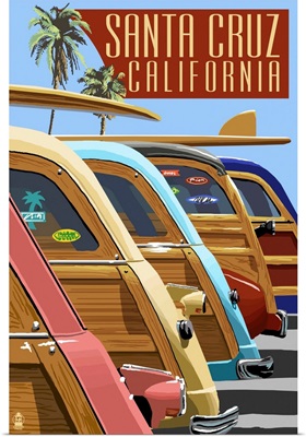 Santa Cruz, California - Woodies Lined Up: Retro Travel Poster