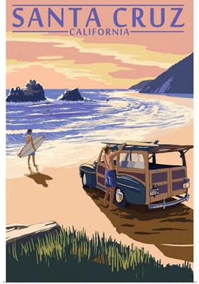 Santa Cruz, California - Woody on Beach: Retro Travel Poster