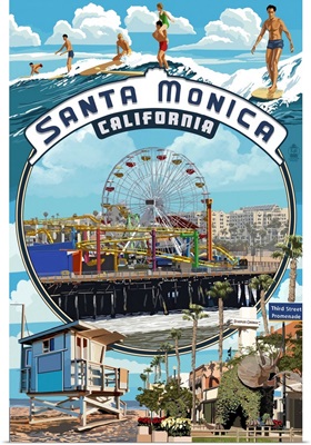 Santa Monica, California - Montage Scenes: Retro Travel Poster