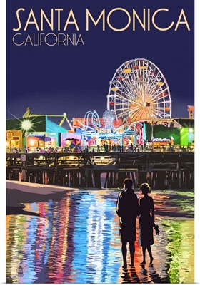 Santa Monica, California - Pier at Night: Retro Travel Poster