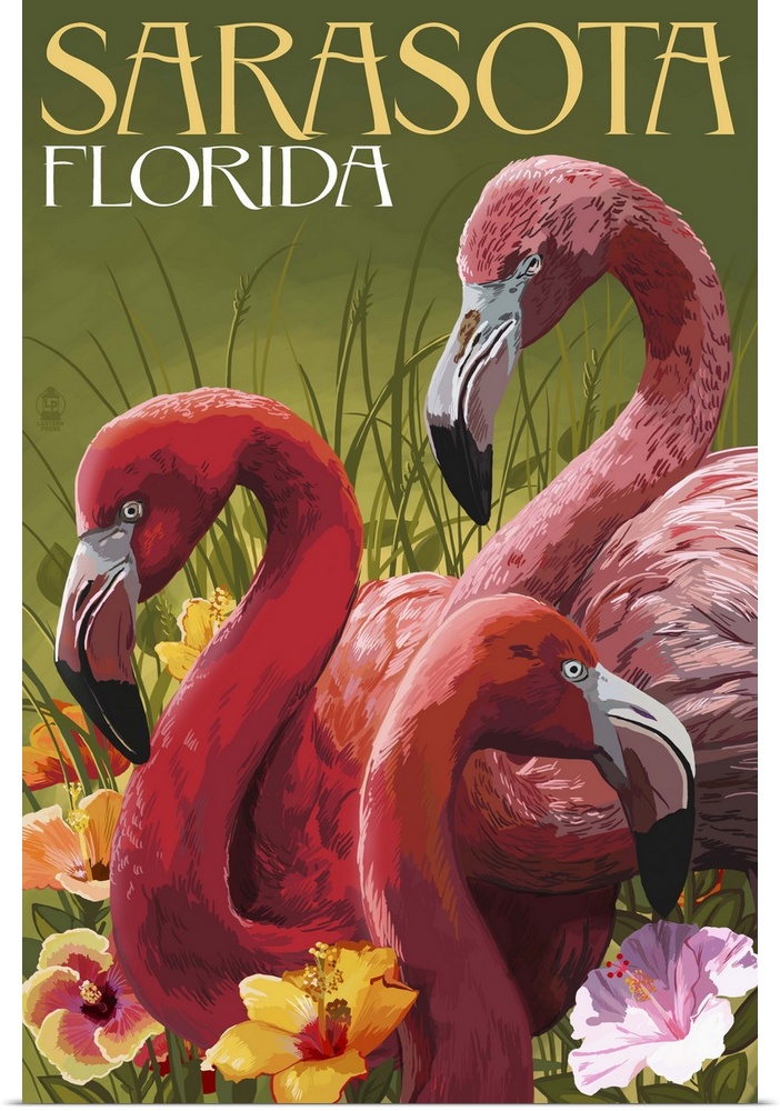 Sarasota, Florida - Flamingos: Retro Travel Poster