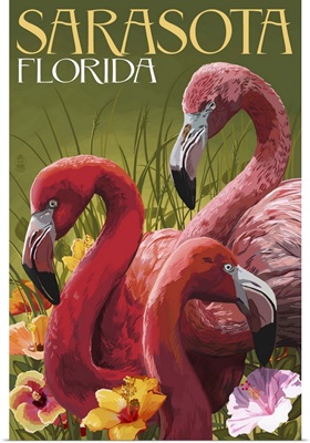 Sarasota, Florida - Flamingos: Retro Travel Poster