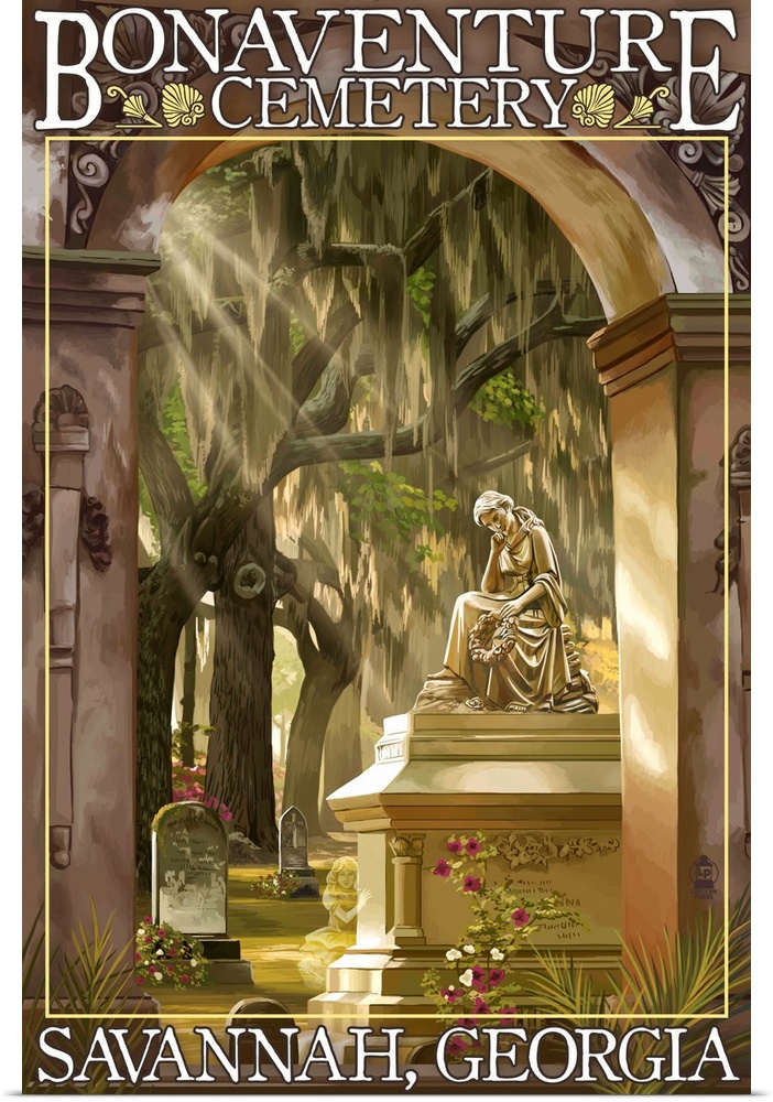 Retro stylized art poster of a cemetery with a golden statue.