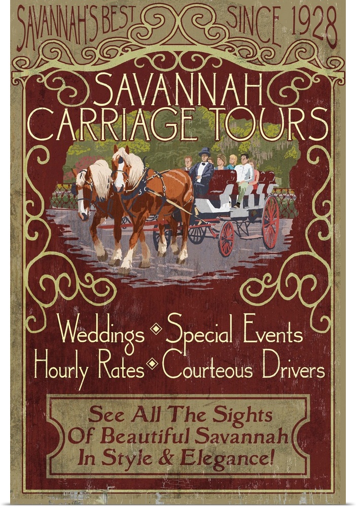 Retro stylized art poster of vintage sign for carriage tours, with a horse drawn carriage.