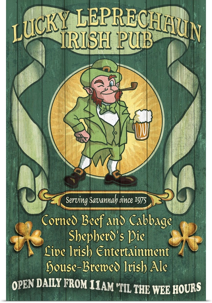 Savannah, Georgia - Leprechaun Irish Pub Vintage Sign: Retro Travel Poster
