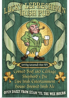 Savannah, Georgia - Leprechaun Irish Pub Vintage Sign: Retro Travel Poster