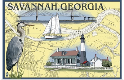 Savannah, Georgia - Nautical Chart: Retro Travel Poster