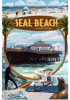 Seal Beach, California - Montage Scenes: Retro Travel Poster