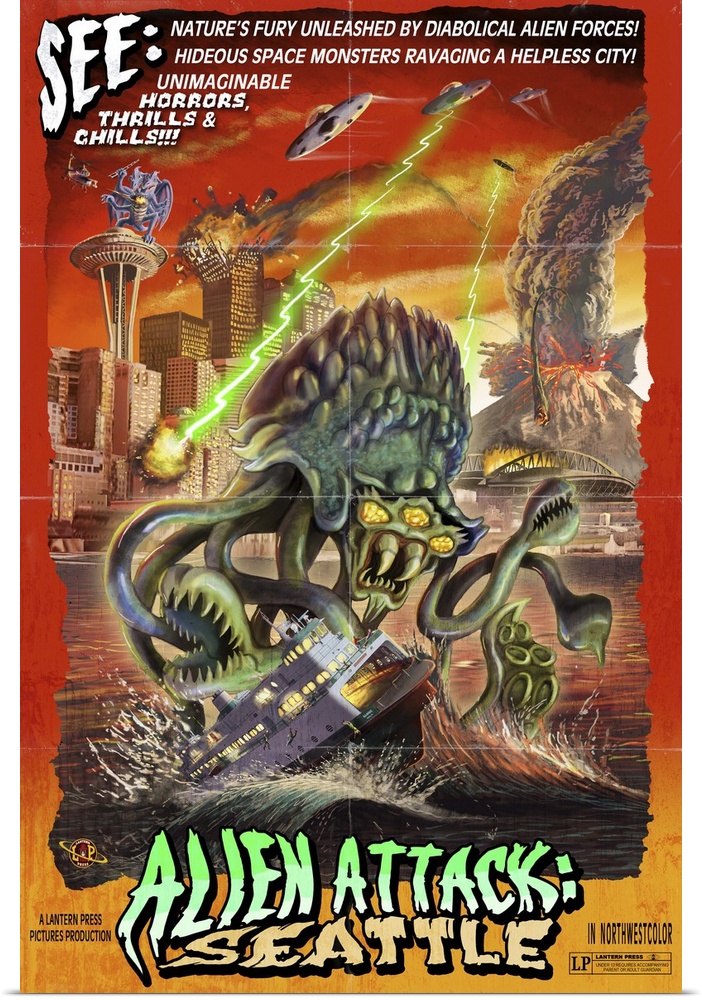 Retro stylized art poster of a comic book cover showing scenes from Seattle being destroyed by a monster.