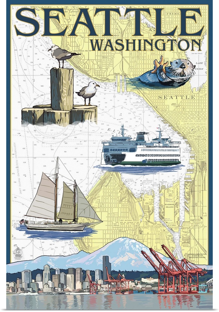 Seattle, Washington - Nautical Chart: Retro Travel Poster