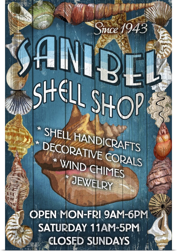 Retro stylized art poster of a vintage sign with shell on it.