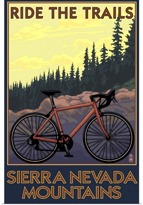 Sierra Nevada Mountains, California - Bicycle on Trails: Retro Travel Poster