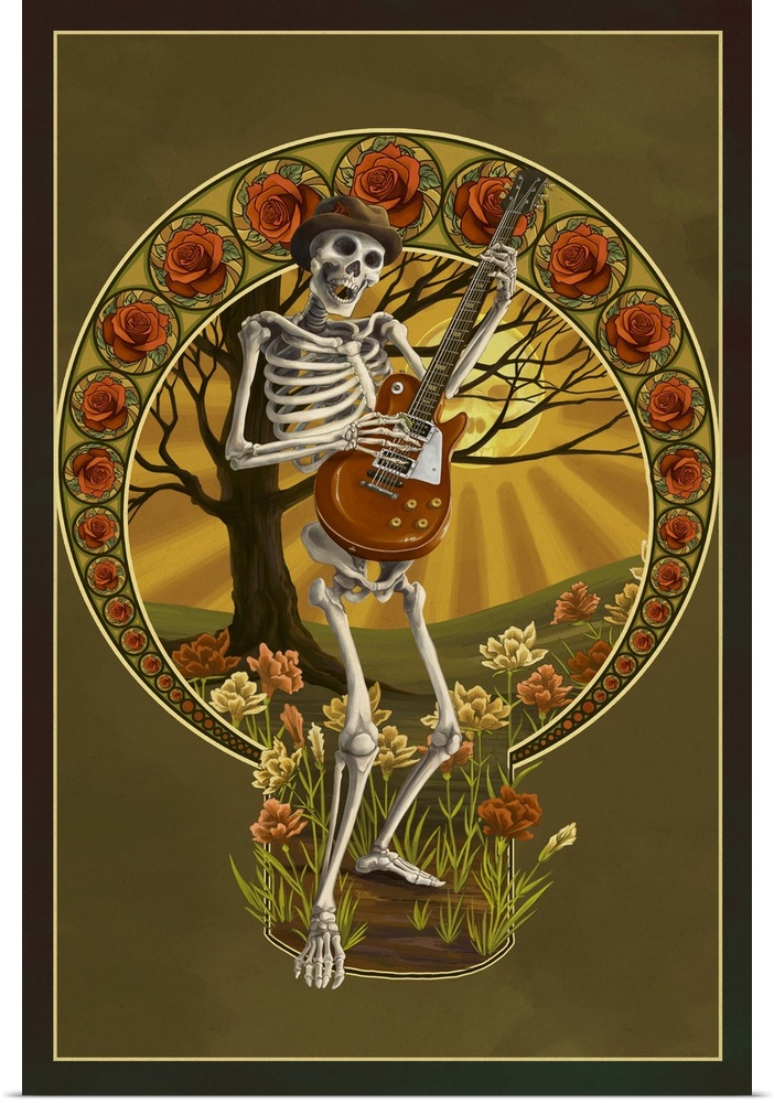 Skeleton and Guitar: Retro Travel Poster