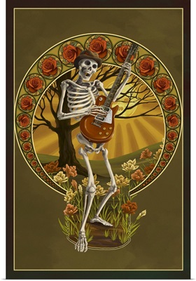 Skeleton and Guitar: Retro Travel Poster