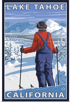 Skier Admiring - Lake Tahoe, California: Retro Travel Poster