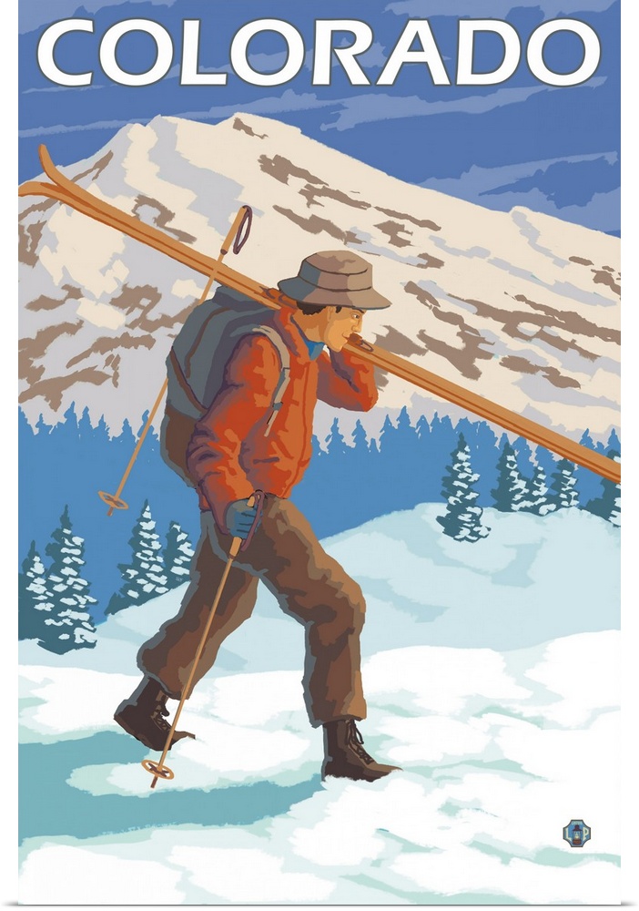 Skier Carrying Skis - Colorado: Retro Travel Poster