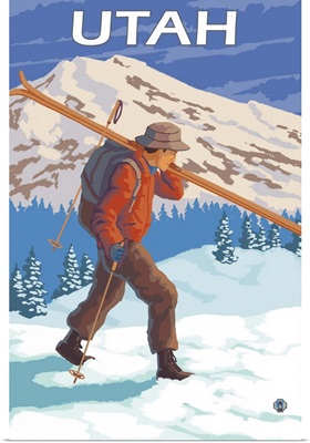 Skier Carrying Skis - Utah: Retro Travel Poster