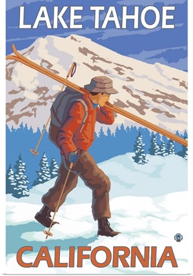 Skier Carrying Snow Skis - Lake Tahoe, California: Retro Travel Poster