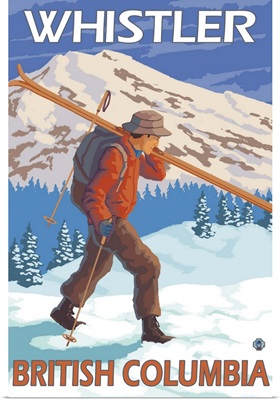 Skier Carrying Snow Skis - Whistler, BC Canada: Retro Travel Poster