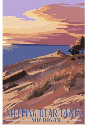 Sleeping Bear Dunes, Michigan - Dunes Sunset and Bear: Retro Travel Poster