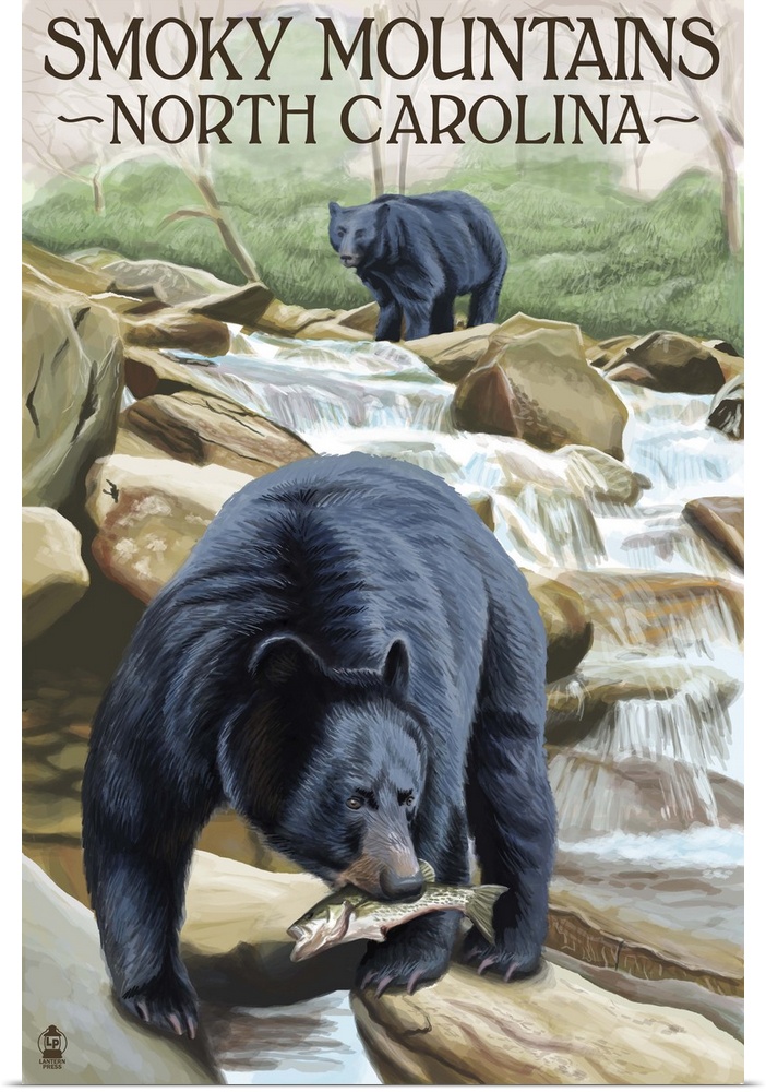 Retro stylized art poster of black bears on a rocky plinth, catching fish in the rushing water.