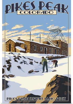 Snow Scene atop Pikes Peak, Colorado: Retro Travel Poster