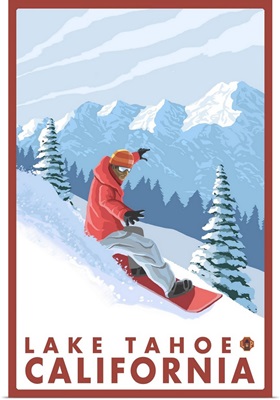 Snowboarder Scene - Lake Tahoe, California: Retro Travel Poster