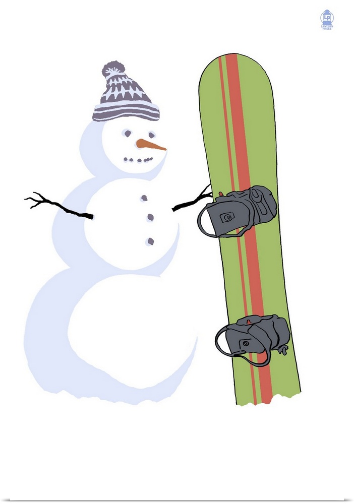 Retro stylized art poster of a snowman standing beside a snowboard.