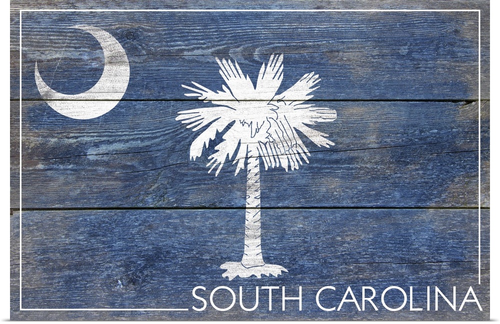 The flag of South Carolina with a weathered wooden board effect.