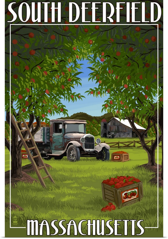 South Deerfield, Massachusetts - Apple Orchard Harvest: Retro Travel Poster