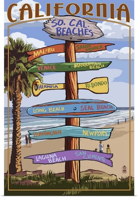 Southern California Beaches - Destination Sign: Retro Travel Poster