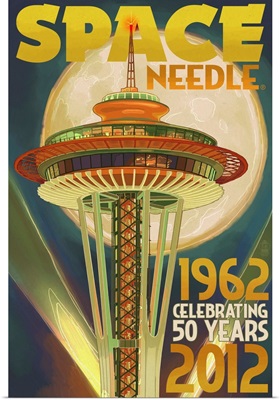 Space Needle and Full Moon - Seattle, WA: Retro Travel Poster