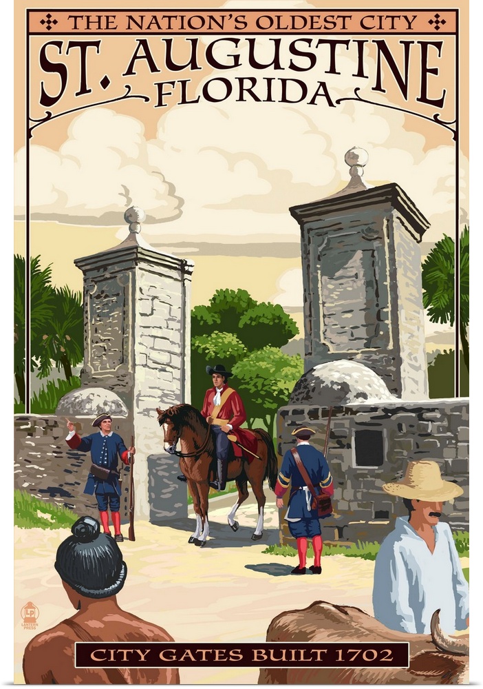 Retro stylized art poster of an officer on horseback standing between two massive stone pillars at the city gates.