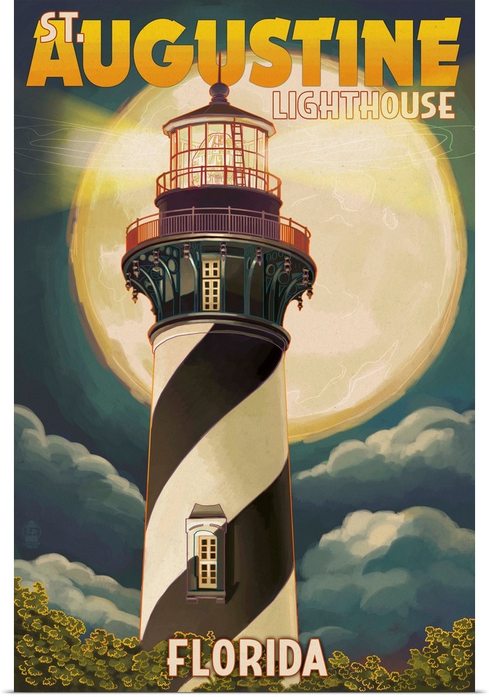 St. Augustine, Florida - Lighthouse and Moon: Retro Travel Poster