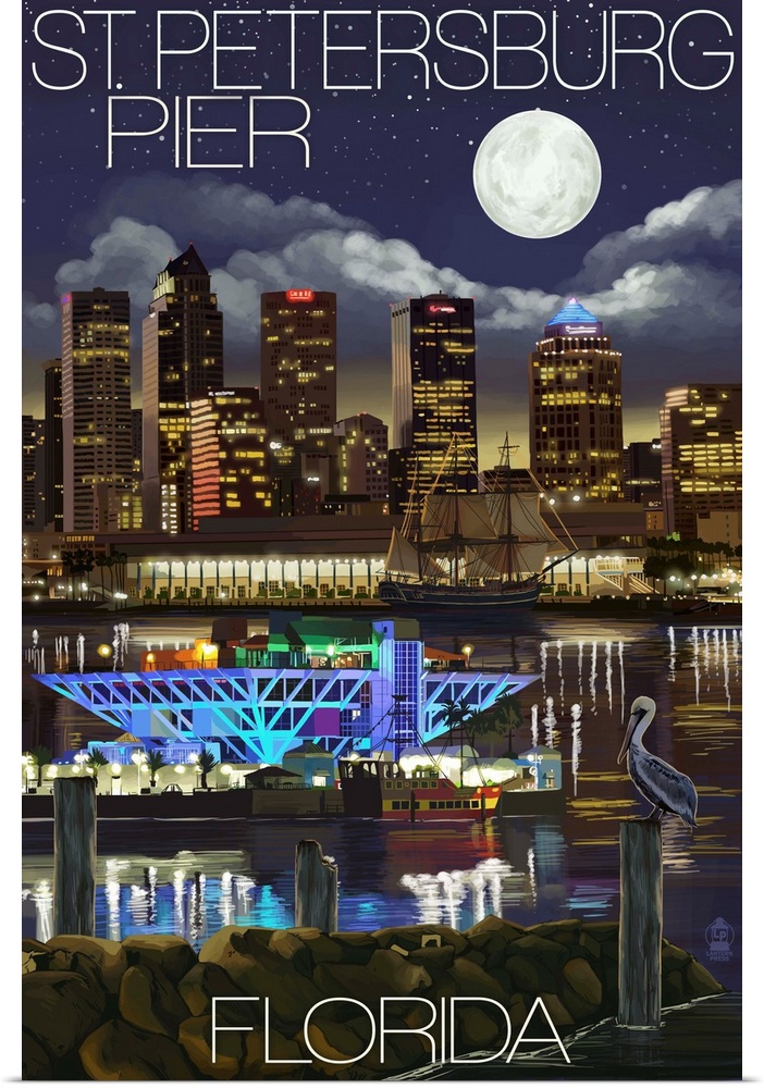 Retro stylized art poster of a city skyline at night.