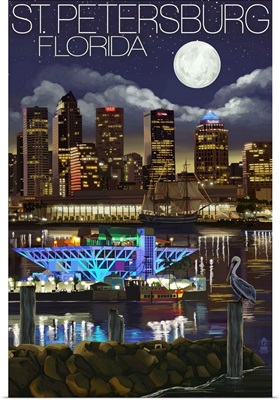 St. Petersburg, Florida - Night Skyline: Retro Travel Poster